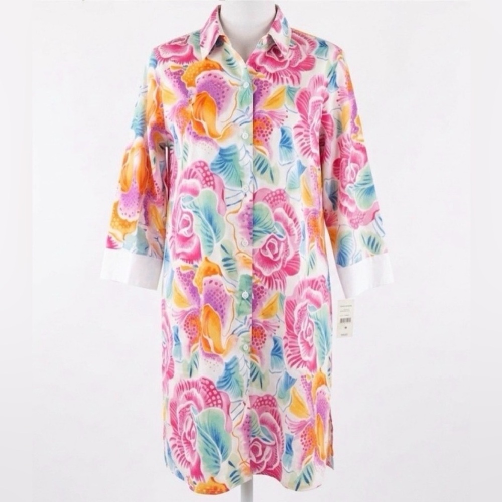 Cruz Natori Cotton Button Up Dress/ Beach Cover Up in Sea Blossom- Size M - NWT